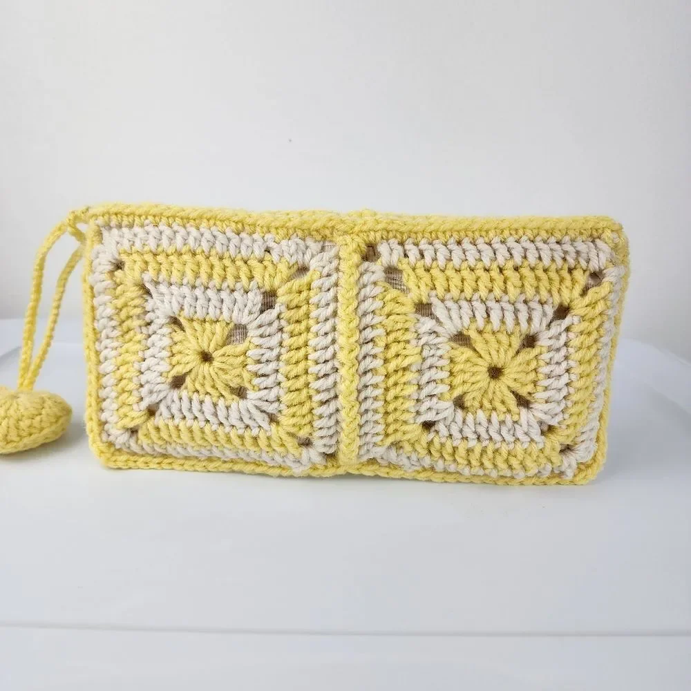 Handmade Crochet Granny Square Clutch Yellow Cream Boho Heart Charm Makeup Pouch - Picture 15 of 15